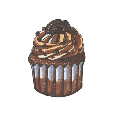 Beyaz arka plan üzerinde izole kurabiyeyle işaretleri çikolatalı kek ile çizilmiş