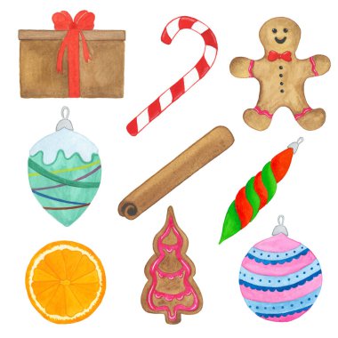 El çizilmiş suluboya Noel hediyesi, tatlı kamışı, zencefilli, Noel top, tarçın ve turuncu