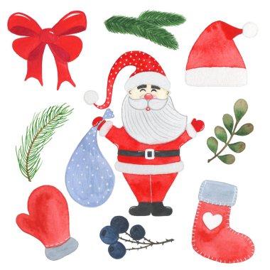 Elle çizilmiş suluboya Noel Noel Baba, çorap, mitten, şapka, yay, ağaç, yaprak, dal ve çilek