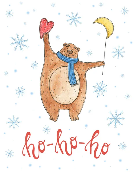 Akvarelu vánoční přání s medvědem a nápis ho-ho-ho — Stock fotografie