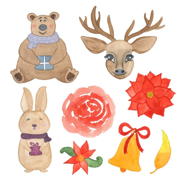 Ručně tažené akvarel vánoční medvěd, králík, jelen, bell, květy a listy izolované na bílém pozadí — Stock fotografie
