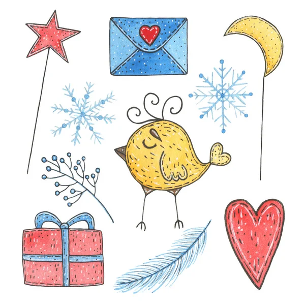 Ručně tažené akvarel vánoční bird, kouzelná hůlka, obálka, vločka, dar, srdce, vánoční strom a snítkou bobule — Stock fotografie