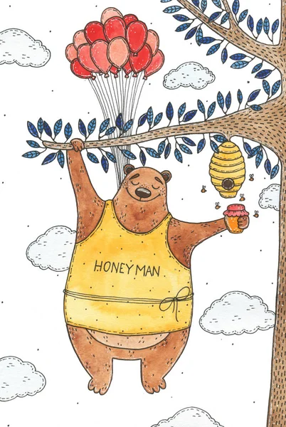 Акварель милый медведь висит на дереве с изображением улья — стоковое фото