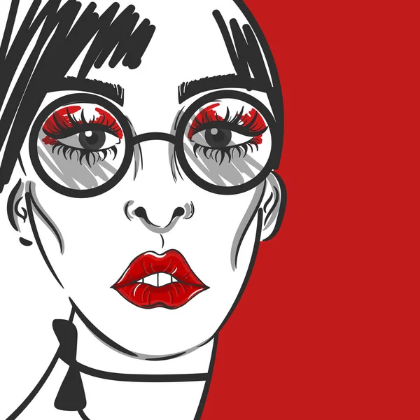 Mode meisje gezicht portret met rode lippen en zonnebril — Stockvector