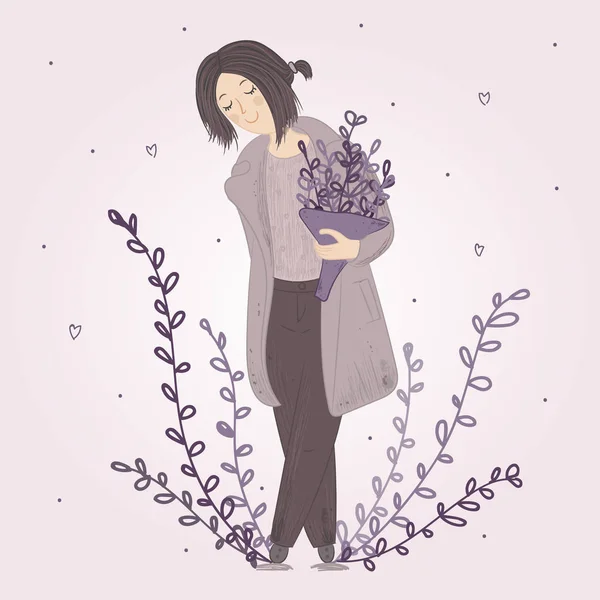 Mignon fille de mode dessin animé en manteau et pantalon avec bouquet de fleurs sauvages — Image vectorielle