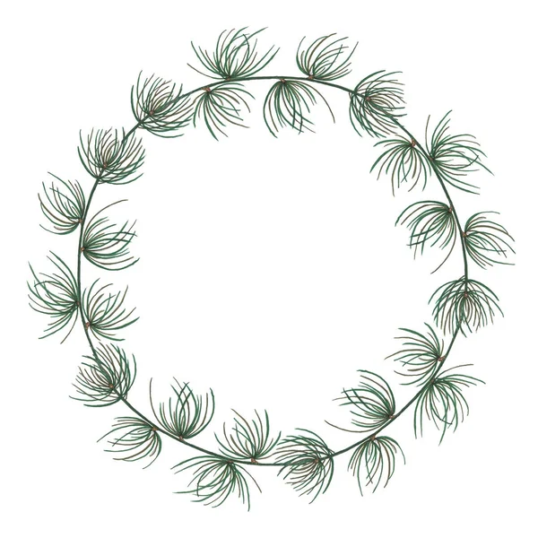 Hand painted with markers floral wreath with twig, branch and green abstract leaves — Stock Photo, Image