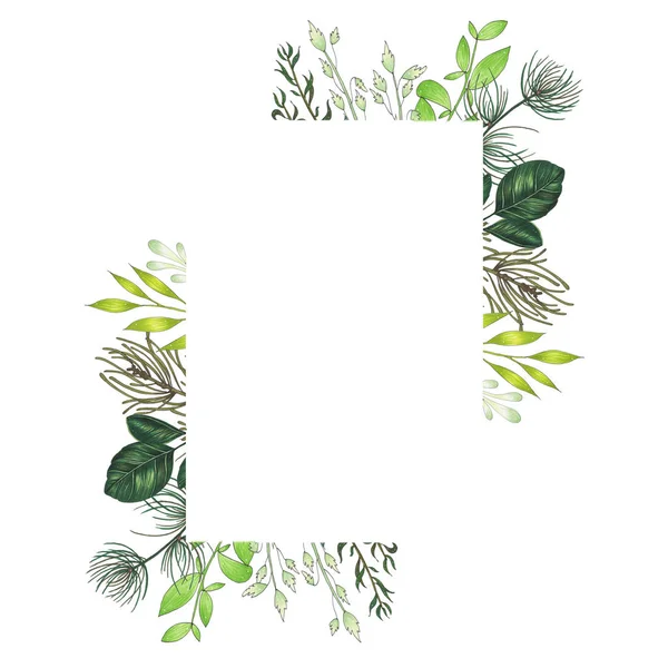 Hand bemalt mit Markern floralen Rahmen mit Zweigen, Zweigen und grünen abstrakten Blättern — Stockfoto