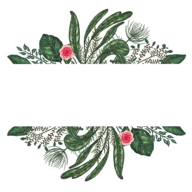 El işaretleri soyut yapraklarla dal, dal ve yeşil çerçeve çiçek ile boyalı