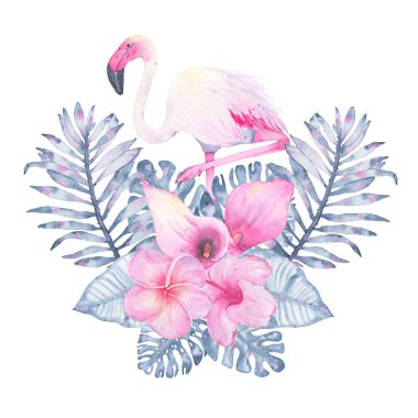 Suluboya el boyalı tropikal çiçek buketi pembe flamingo calla hibiscus frangipani ve Indigo palm monstera yaprakları