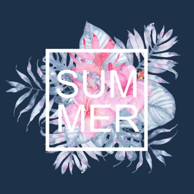 Suluboya el boyalı tropikal yaz pembe hibiscus frangipani heliconia ve Indigo palm monstera kart yaprakları