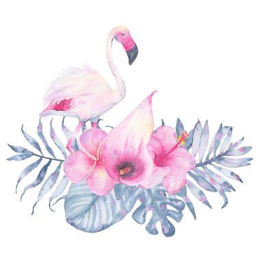 Suluboya el boyalı tropikal çiçek buketi pembe flamingo calla hibiscus frangipani ve Indigo palm monstera yaprakları