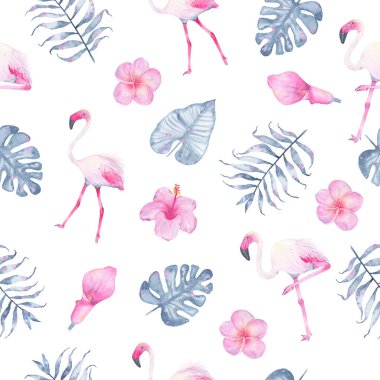 Flamingo pembe calla hibiscus frangipani ve Indigo palm monstera yaprakları ile suluboya tropikal seamless modeli el boyalı
