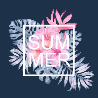 Suluboya el boyalı tropikal yaz pembe hibiscus frangipani heliconia ve Indigo palm monstera kart yaprakları