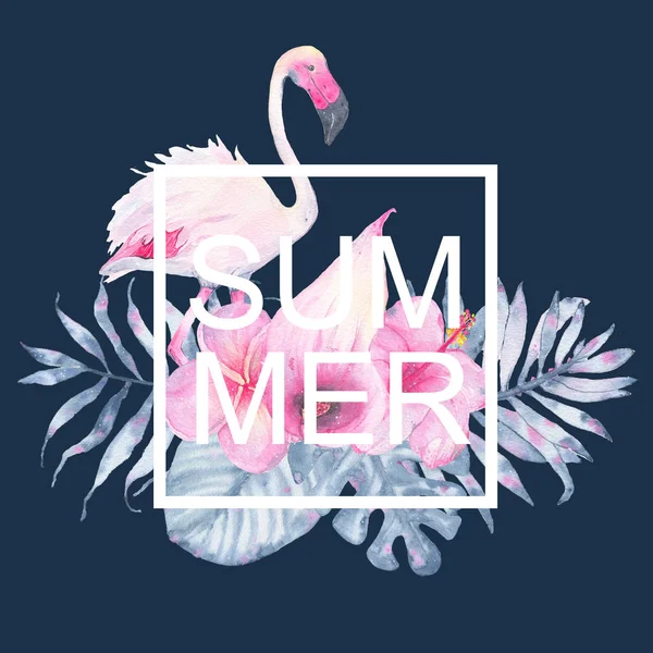 Aquarell handbemalt tropischen Sommer Flamingo rosa Calla Hibiscus Frangipani und Blätter von Indigo Palm Monstera Karte — Stockfoto