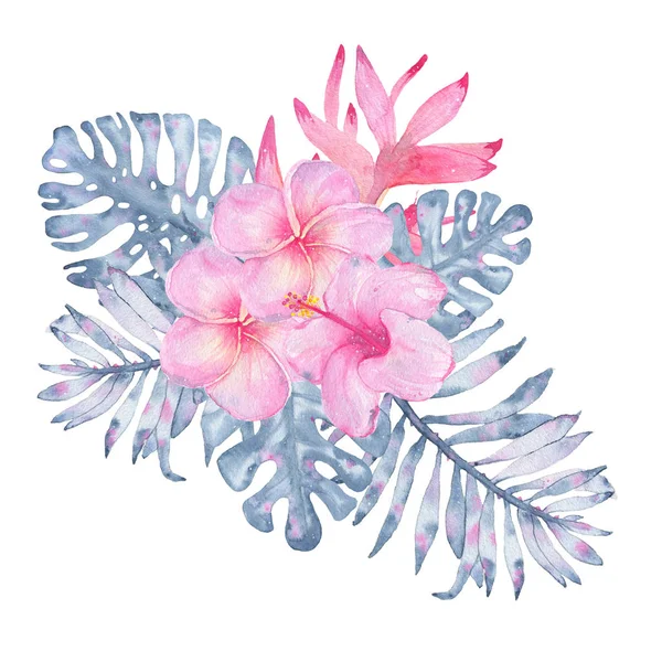 Акварель ручной росписи тропический букет цветов розовый heliconia hibiscus frangipani и листья индиго пальмовой монстры — стоковое фото