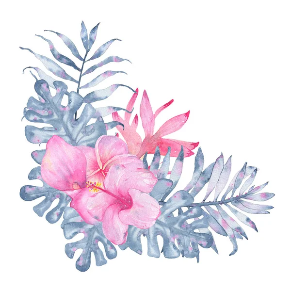 Акварель ручная окрашенная тропический букет цветов розовый калла heliconia hibiscus frangipani листья индиго пальмовой монстры — стоковое фото