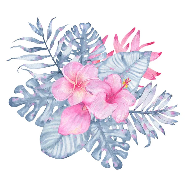 Акварель ручной росписи тропических цветов букет розовый калла гибискус frangipani и листья индиго пальма монстра — стоковое фото