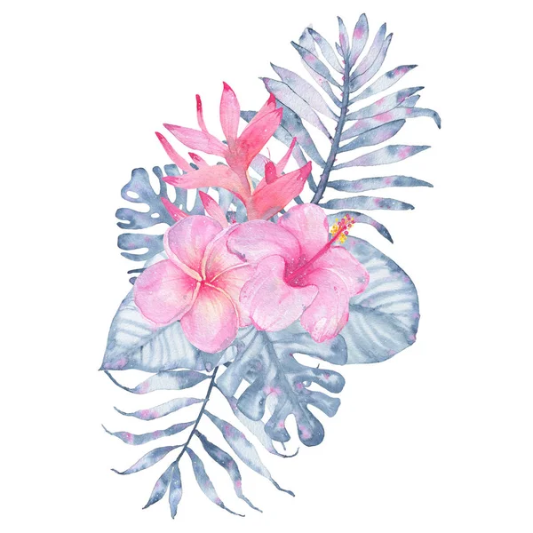 Акварель ручной росписи тропический букет цветов розовый heliconia hibiscus frangipani и листья индиго пальмовой монстры — стоковое фото
