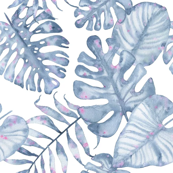 Suluboya tropikal seamless modeli el beyaz arka plan üzerinde izole Indigo palm monstera yaprakları ile boyalı — Stok fotoğraf
