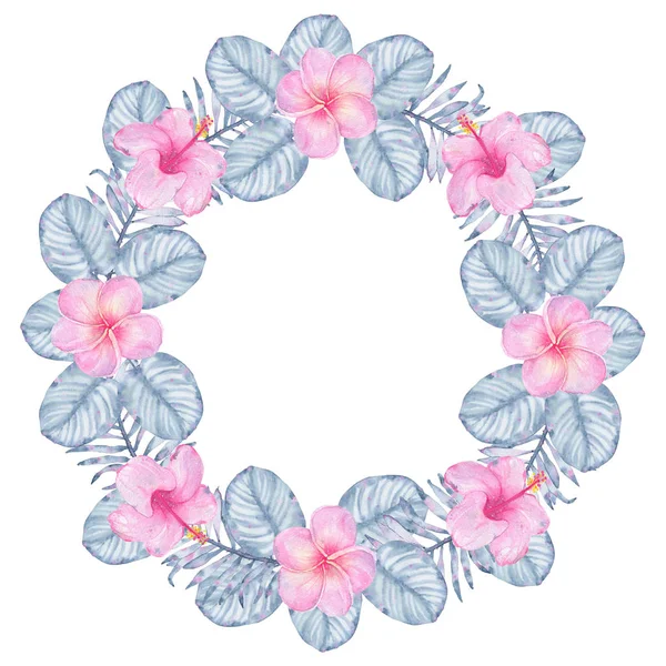 Watercolor tropical indigo floral wreath with pink hibiscus frangipani and leaves of indigo palm monstera