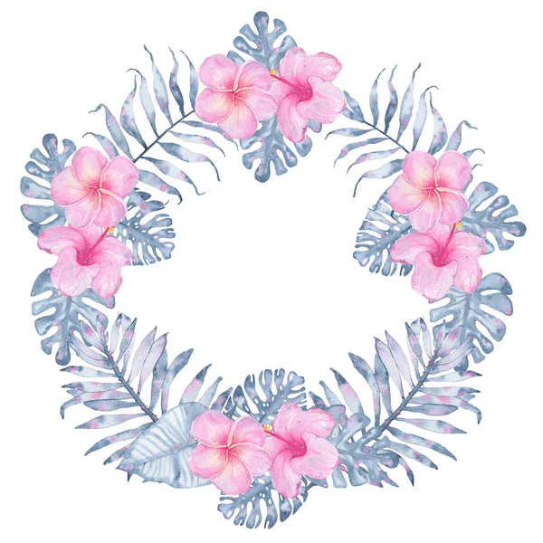 Watercolor tropical indigo floral wreath with pink hibiscus frangipani and leaves of indigo palm monstera