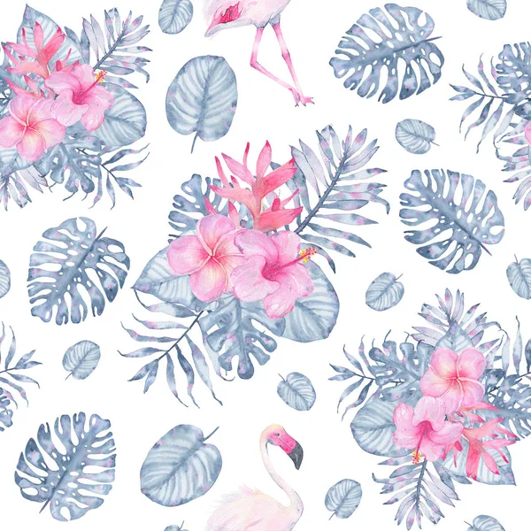 Watercolor tropical seamless pattern hand painted with flamingo pink hibiscus frangipani heliconia and leaves of indigo palm monstera — Stock Photo, Image