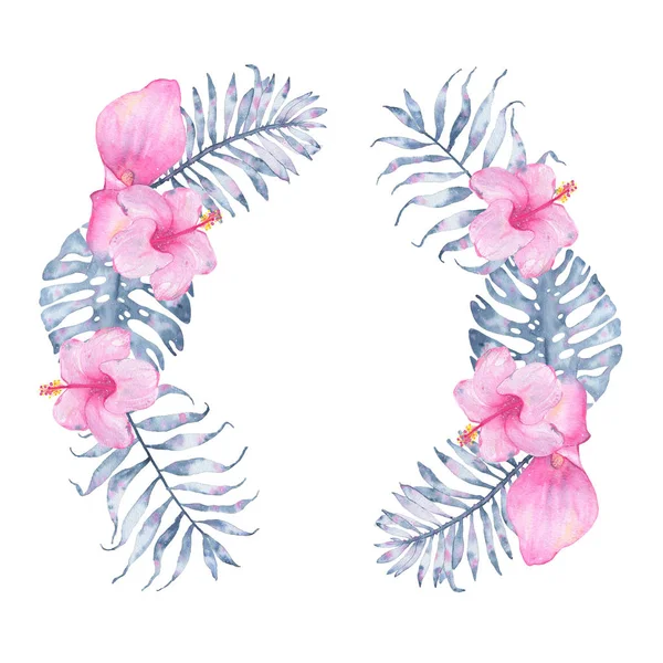 Акварель тропический индиго цветочный венок с розовой каллы гибискус и листья индиго пальмового монстра — стоковое фото
