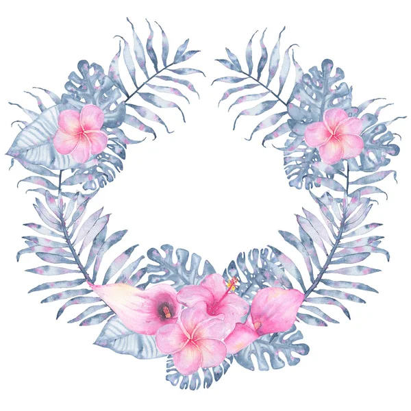 Watercolor tropical indigo floral wreath with pink calla hibiscus frangipani and leaves of indigo palm monstera