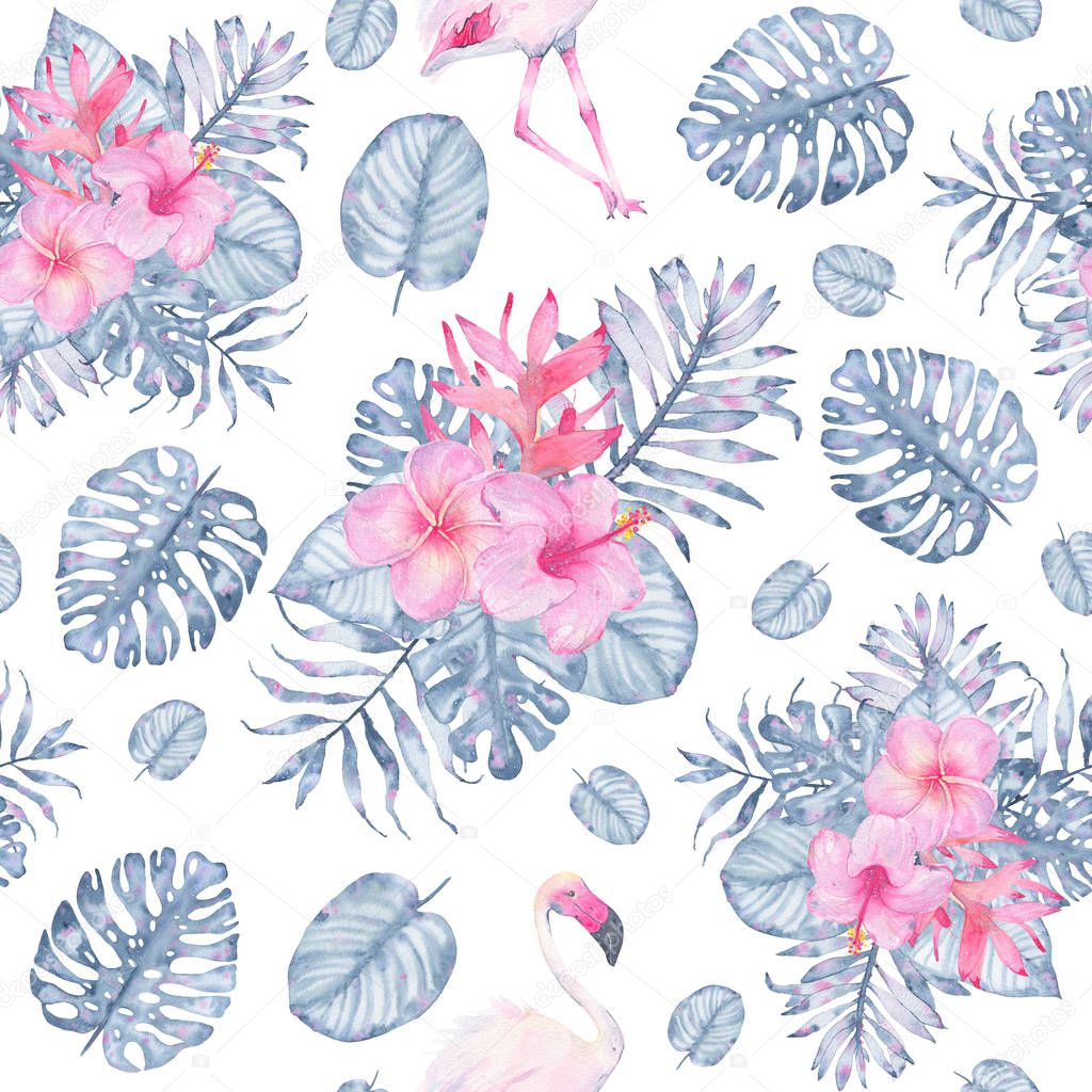 Watercolor tropical seamless pattern hand painted with flamingo pink hibiscus frangipani heliconia and leaves of indigo palm monstera