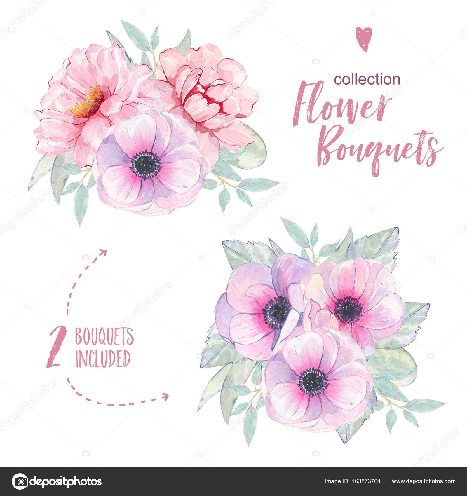 Bouquet di anemone e peonia di colore rosa del fiore isolato su priorit  bassa bianca dipinto mano dell acquerello Illustrazione floreale con le foglie