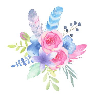 Suluboya el çiçek düğün buketi ve beyaz arka plan üzerinde izole yaprakları boyalı