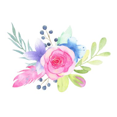 Suluboya el çiçek düğün buketi ve beyaz arka plan üzerinde izole yaprakları boyalı