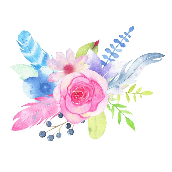 Suluboya el çiçek düğün buketi ve beyaz arka plan üzerinde izole yaprakları boyalı