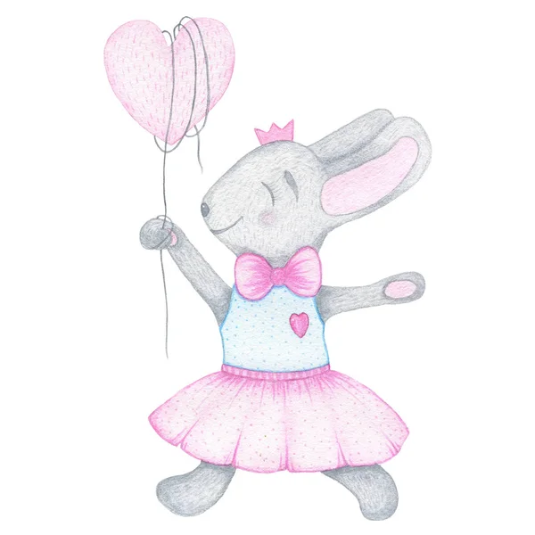 Watercolor hand drawn cute bunny rabbit with balloon and crown isolated on white background