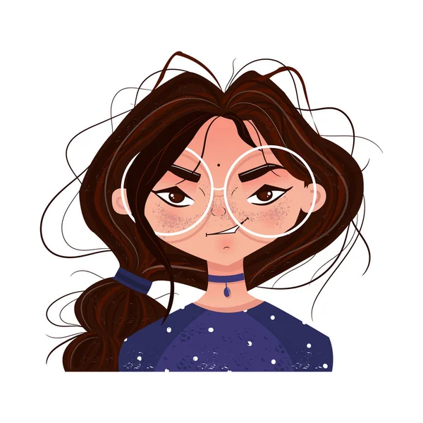 Caractère émotions avatar mignon fille brunette dans lunettes — Image vectorielle