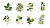 Gold green tropical leaves wedding bouquet with golden splatters
