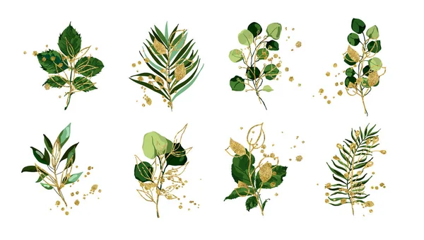 Bouquet de mariage de feuilles tropicales vert or avec éclaboussures dorées — Image vectorielle