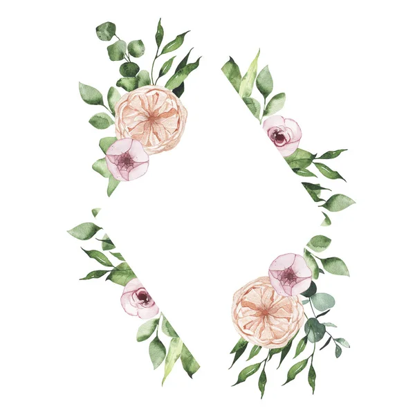 Watercolor Dia dos Namorados moldura floral com folhas verdes rosa isolado — Fotografia de Stock