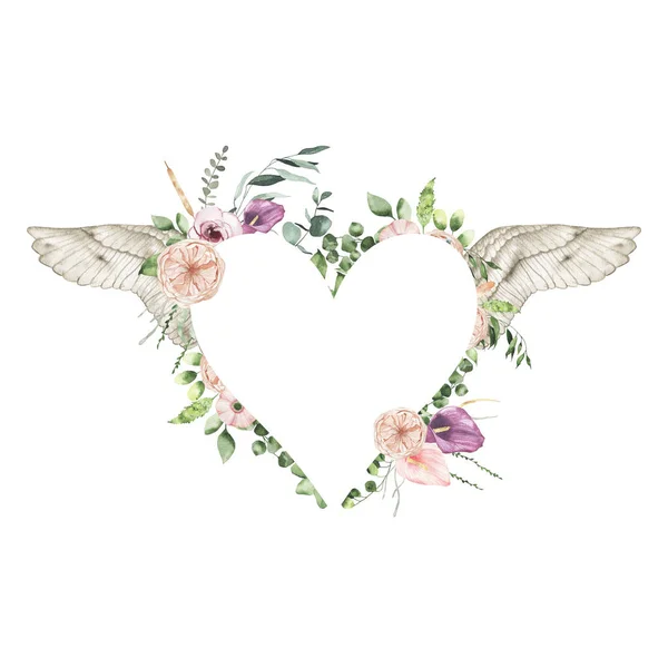 Watercolor Dia dos Namorados moldura do coração floral com lírio calla rosa folhas verdes asas de anjo isolado — Fotografia de Stock