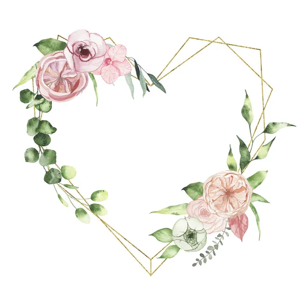 Watercolor Valentines Day floral golden geometrical heart wreath with calla lily rose greenery — Stock Photo, Image