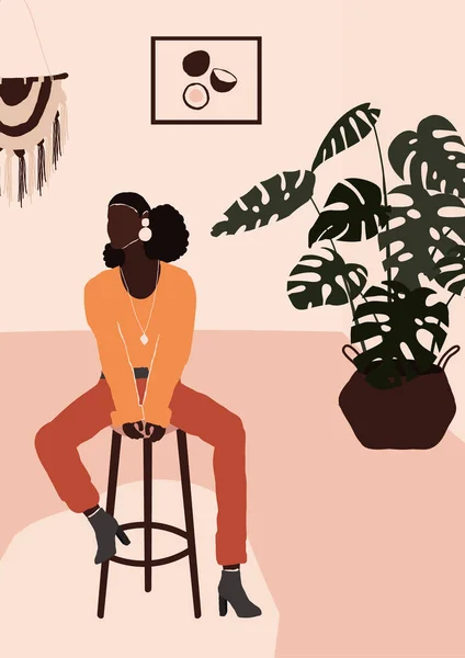 要約現代アフリカ系アメリカ人黒人女性でファッショントレンディーな服で椅子に座って部屋 — ストックベクタ