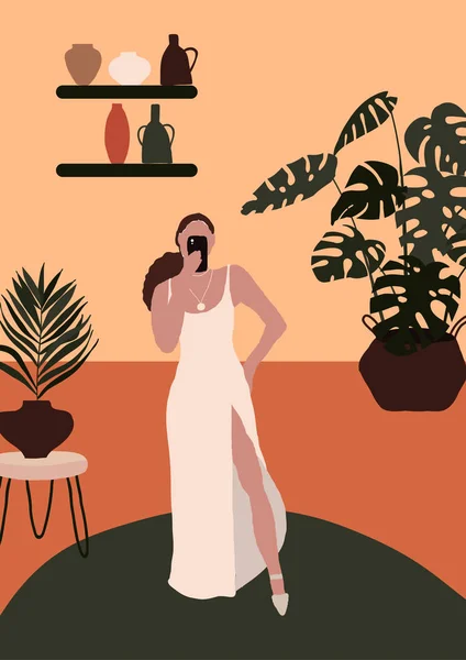 Femme moderne abstraite dans la mode vêtements robe tendance prendre selfie dans la chambre — Image vectorielle