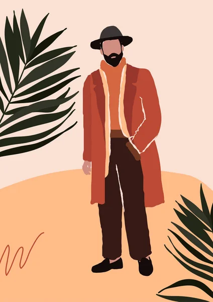 Абстрактный современный бородатый мужчина в шляпе в модной трикотажной одежде ходит по улице — стоковый вектор