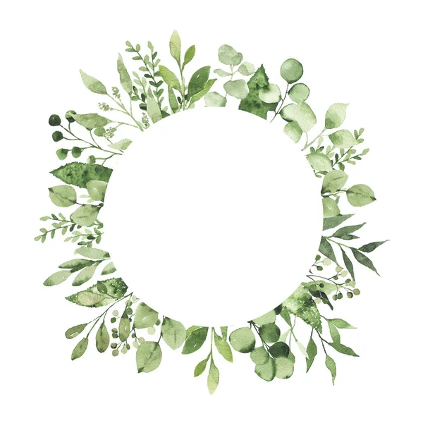 Aquarell Geometrischer Runder Rahmen Mit Grünen Blättern Zweig Pflanze Kräuterflora — Stockfoto