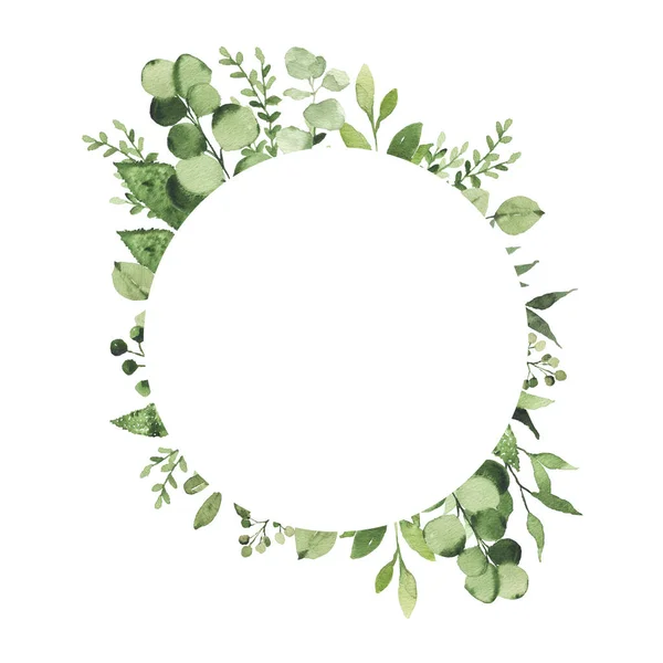 Aquarell Geometrischer Runder Rahmen Mit Grünen Blättern Zweig Pflanze Kräuterflora — Stockfoto