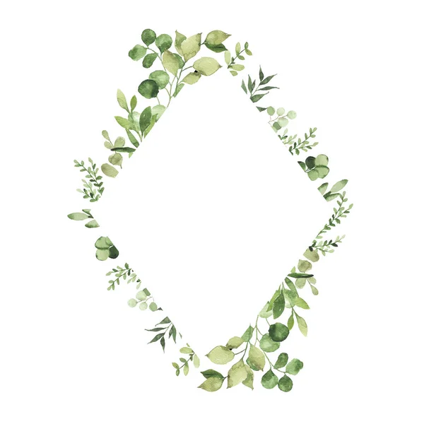 Aquarell Geometrischer Rahmen Mit Grünen Blättern Zweig Pflanze Kräuterflora Isoliert — Stockfoto