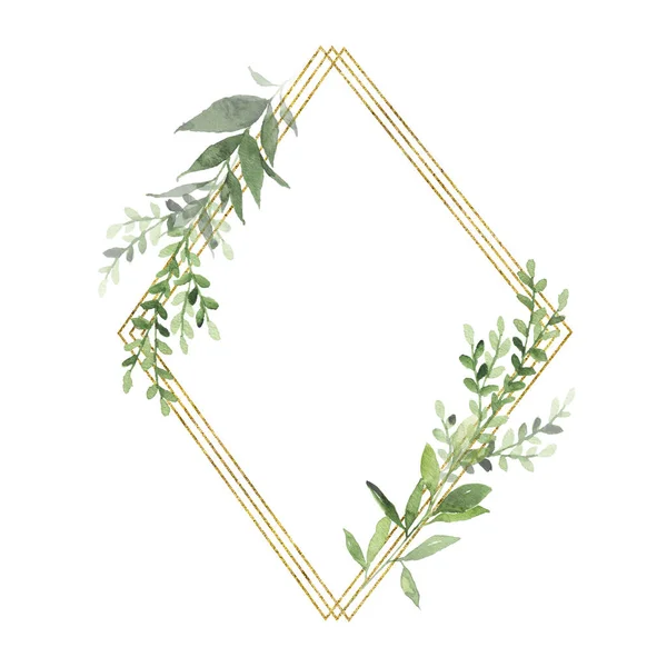 Akvarell Guld Geometrisk Krans Med Grönska Blad Gren Kvist Växt — Stockfoto