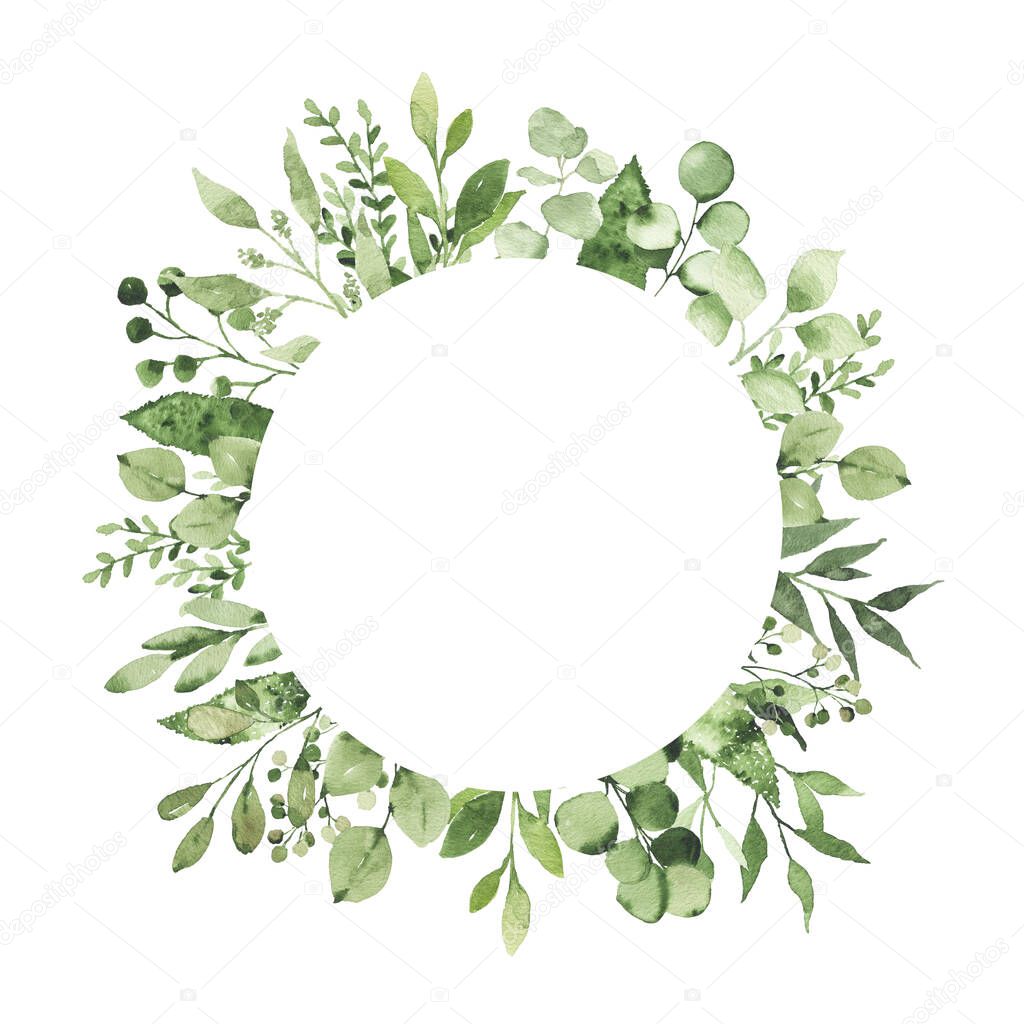Watercolor geometrical round frame with greenery leaves branch twig plant herb flora isolated on white background. Botanical spring summer leaf decorative illustration for wedding invitation card