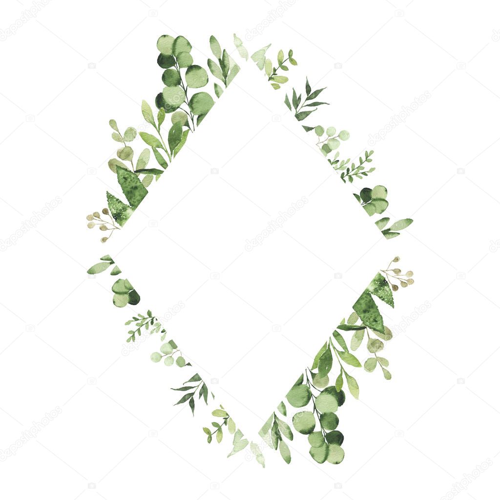 Watercolor geometrical frame with greenery leaves branch twig plant herb flora isolated on white background. Botanical spring summer leaf decorative illustration for wedding invitation card