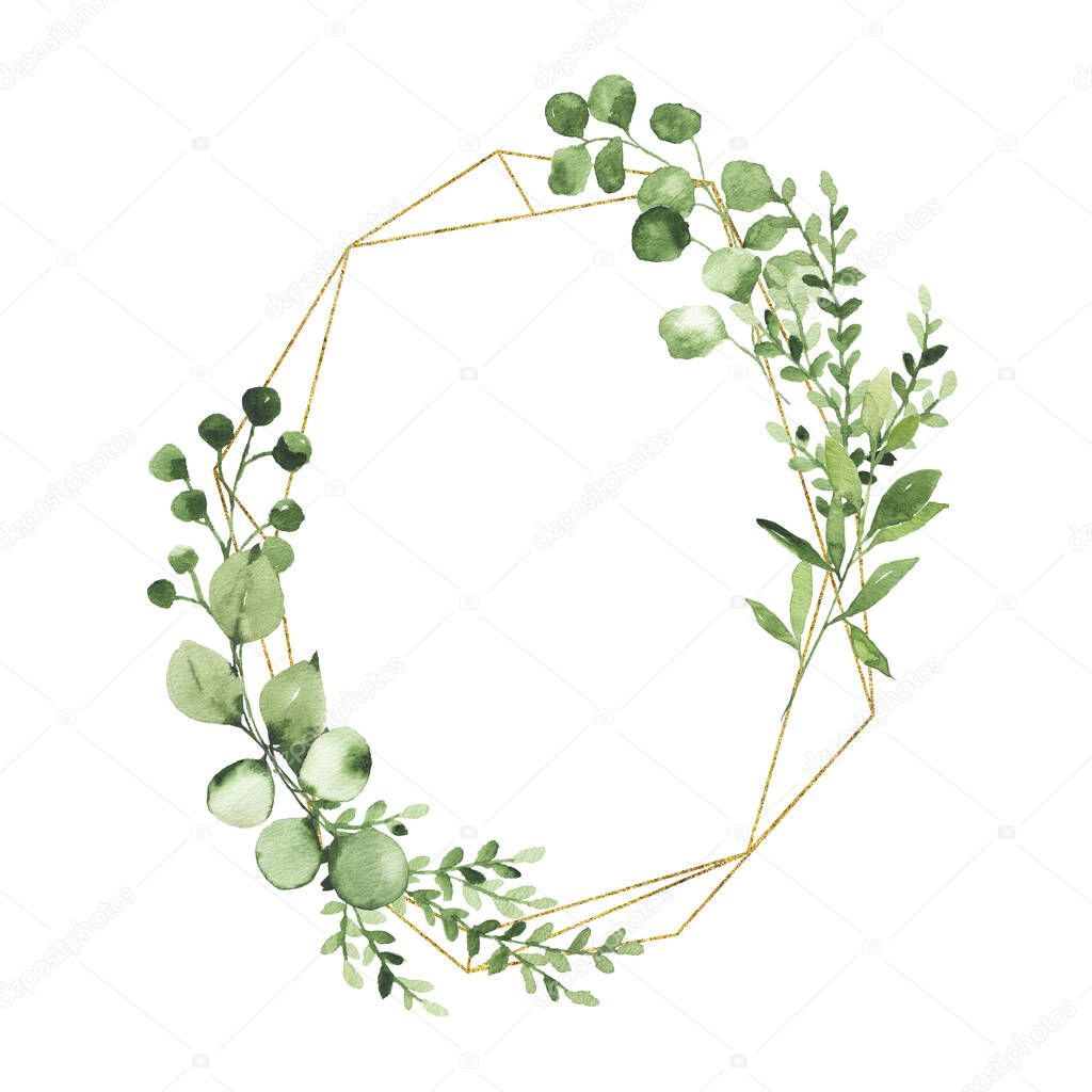 Watercolor gold geometrical wreath with greenery leaves branch twig plant herb flora isolated on white background. Botanical spring summer leaf decorative illustration for wedding invitation card